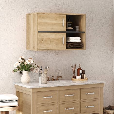 Armario de Baño de Pared con Compartimentos Abiertos y 2 Puertas Mueble de Baño Moderno 80x35x57,5 cm Natural (1/5)