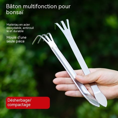 Mini râteau à trois dents en acier inoxydable, outil polyvalent pour ameublir la terre des pots, adapté au jardinage, culture de fleurs et entretien de bonsaïs (1/4)