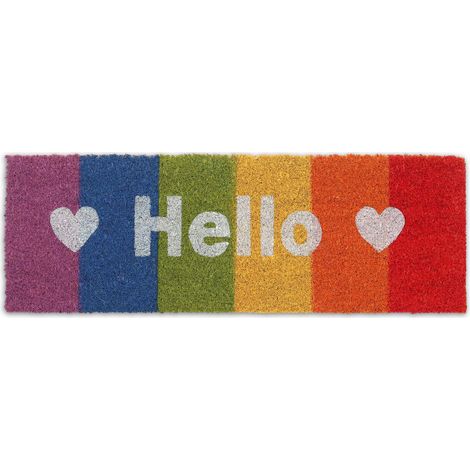Relaxdays Fußmatte Kokos, Hello-Schriftzug, 75 x 25 cm, Regenbogen, Abtreter innen & außen, wetterfeste Türmatte, bunt