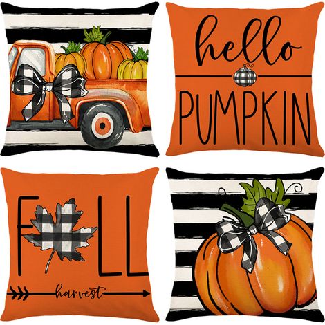 Lot de 4 housses de coussin Halloween 18x18 – noir, orange, violet, citrouille, fantôme (1/5)