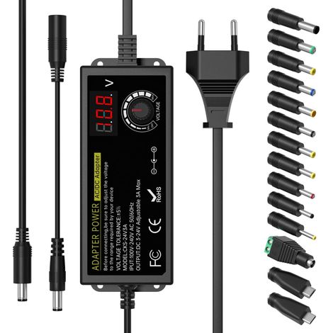 72W Adaptateur Secteur Universel, AC à DC 3V-12V-24V Transformateur Réglable, avec Affichage LED Tension et 14 Embouts, Adapté pour Les Appareils Electroniques Domestiques 3V-24V, 3000mA Max (1/5)
