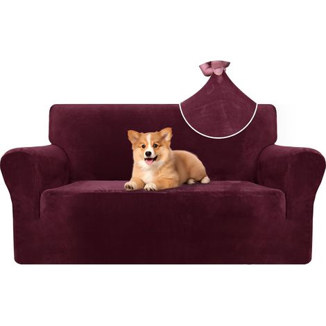 Housse De Canape Velour 2 Places, Housse Canape Extensible avec Accoudoirs, Universelle Sofa Cover Antidérapante, Protection Couvre Canapé Anti Poils Animaux, Lavable, Bordeaux (1/5)