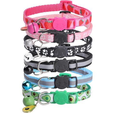 Set of 6 Cat Collars with Bells, Adjustable and Reflective Collars for and Safety Closure, Anti-choking Cat Collar, 6 Colors (1/5)