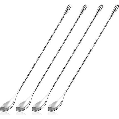 Cuillères à cocktail professionnelles en acier inoxydable, 30 cm, lot de 4 (argentées), avec long manche et motif spiralé. (1/5)