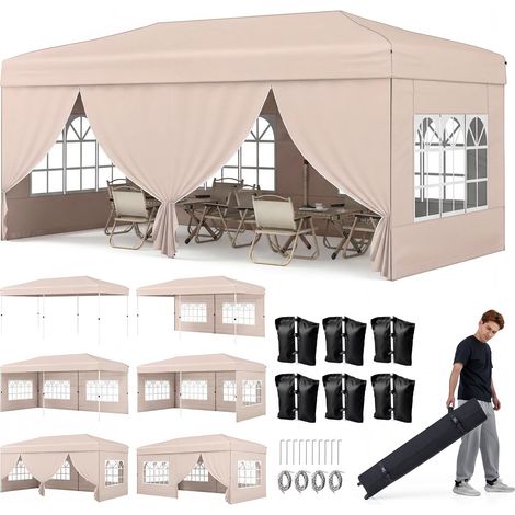 COSTWAY Gazebo da Esterno Pieghevole 3 x 6 m, Gazebo Resistente e Robusto, Tendone Regolabile in Altezza con Pareti Laterali, 6 Sacchi di Sabbia e Borsa, per Feste, Campeggio e Fiere (Beige) (1/5)
