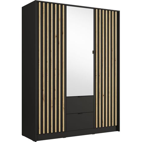 Armadio TORVIK 3 porte con specchio, cassetti e listelli nero e rovere 150 cm