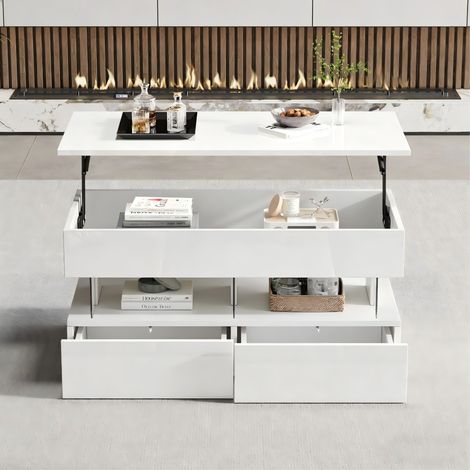 Tavolino da caffè elevabile 100x50x46 cm, piano idraulico, 2 cassetti, LED Bluetooth, MDF, bianco (1/5)