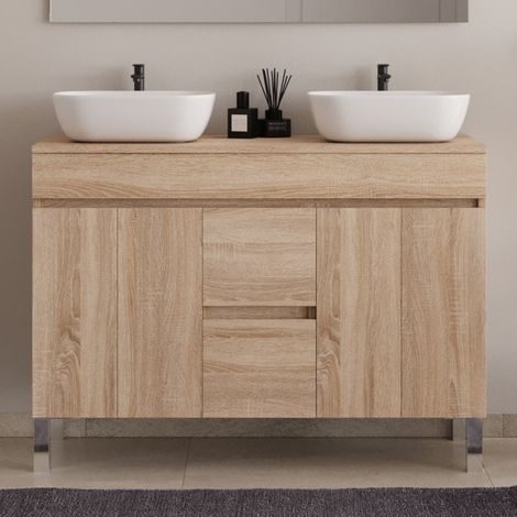 Meuble de salle de bain 120cm sur pieds avec plateau et deux cuves à poser arrondies - sans miroir - portes et tiroirs - cambrian (chêne clair) - HARO (1/5)