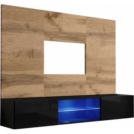 Ensemble meuble TV mural Switch PR3 avec vitrine et éclairage LED - Bois MDF noir et chêne Wotan - 180 x 148 x 40 cm - Livraison gratuite (1/2)