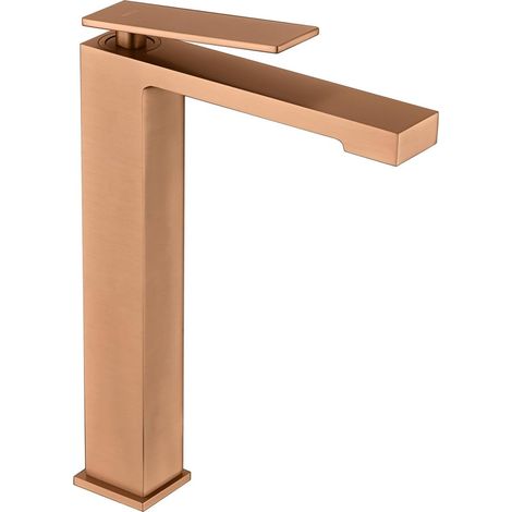 Mice -Grifo monomando con caño alto para lavabo - Griferia de baño para encimeras apto para agua frio y caliente Color Oro Rosa Cepillado (1/4)