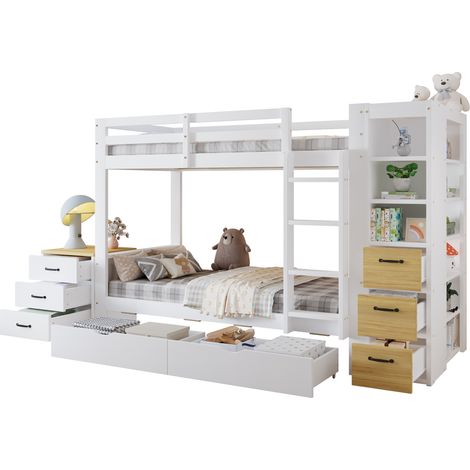 Letto a castello in legno bianco 90x200 cm con 2 cassetti, ripiano laterale e comodino (1/5)