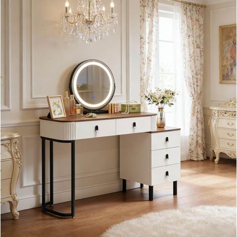 Coiffeuse 100 x 40 x 125 cm brun et blanc – miroir LED pivotant avec 5 tiroirs (1/5)