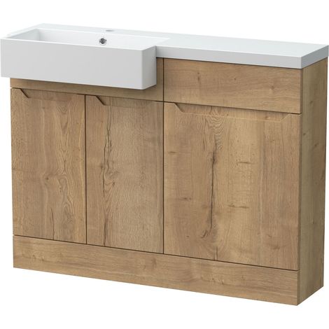 Teddesley Floor Standing Compact 2 Door Vanity Basin WC Unit with Polymarble Basin, 1100mm, Left Hand, Autumn Oak