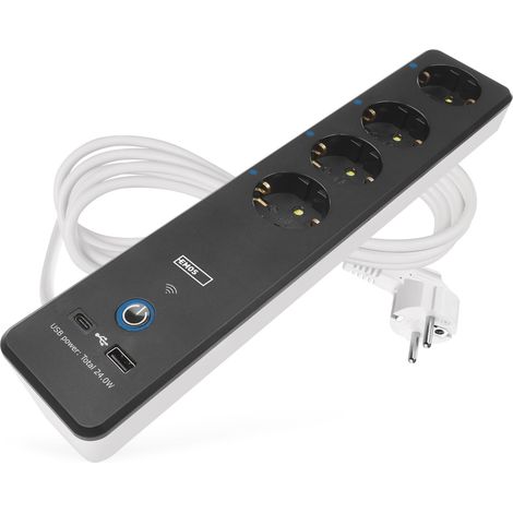 Bloc multiprise, 4 Prises, avec WiFi et Application, 2 m, avec 2 Ports USB (USB-C, USB-A), Interrupteur, wattmètre et minuterie, Compatible avec (1/5)