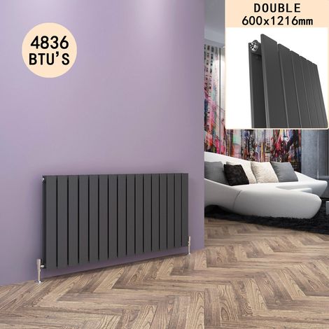 ELEGANT Anthracite Designer Radiator Horizontal Flat Panel Radiator 600x1216mm, Angled Radiator Valves with Double Flat Panel