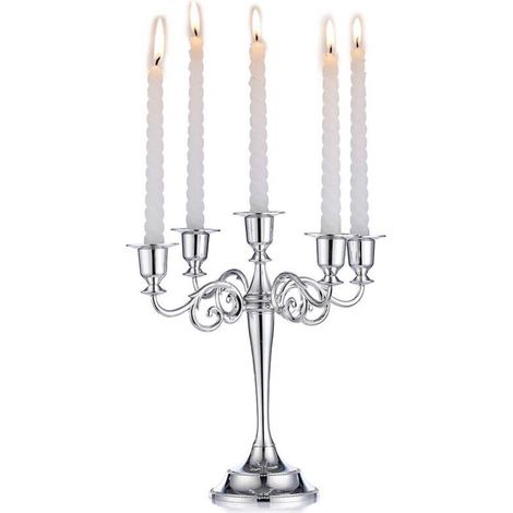 Porte-bougies en forme de candélabre argenté. Porte-bougies à 5 branches. Hauteur : 27 cm. Convient aux bougies coniques pour les centres de table, les fêtes d’anniversaire, les mariages, les tables à (1/5)