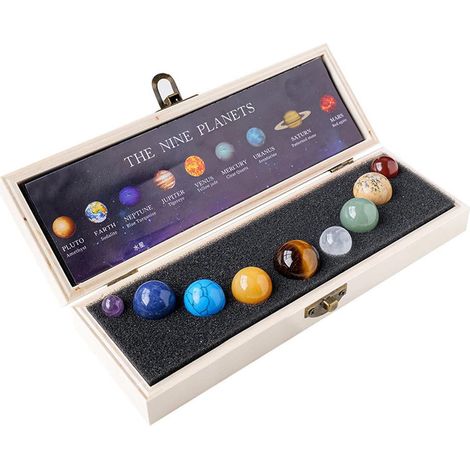 Boule De Cristal Tumulé - Planètes Du Système Solaire - 9 Pierres Précieuses Naturelles - Boîte En Bois - Lot De 1
