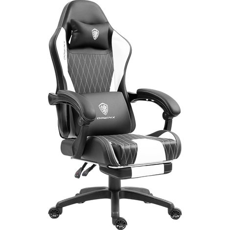 Gaming Stuhl Leder Kopfstütze Fußstütze Taschenfederkissen Weiß (1/5)