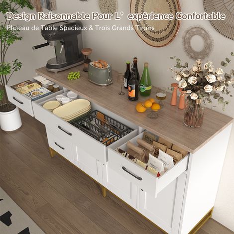Buffet de Rangement Industriel Blanc – Meuble 140x40x80 cm avec 3 Portes, 6 Tiroirs et Étagères Réglables – Rangement Polyvalent pour Salon, Salle à Manger ou Bureau