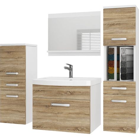 BELINI Meuble de Salle de Bain PRI M5 120 cm - Meuble avec Vasque Céramique + Miroir avec Étagère - Suspendu - Chêne Sonoma Mat (1/5)