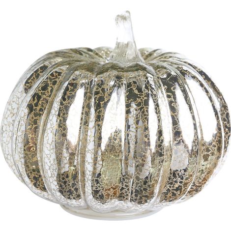 Lanterne citrouille en verre, décoration d'Halloween, lumière LED, minuterie 6 h, vitrail, argentée, 16,5 x 14 cm (1/5)