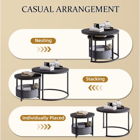 Set de 2 tables basses rondes en style industriel avec cadre en métal et plateau en bois (1/5)