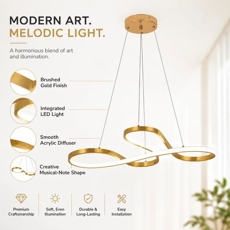 JOYINLED Moderne goldene LED-Pendelleuchte, Kronleuchter in Notenform mit 3-Farben-Beleuchtung, höhenverstellbare Hängeleuchte für Kücheninsel, Esszimmer und Wohnzimmer, 75 cm (1/5)