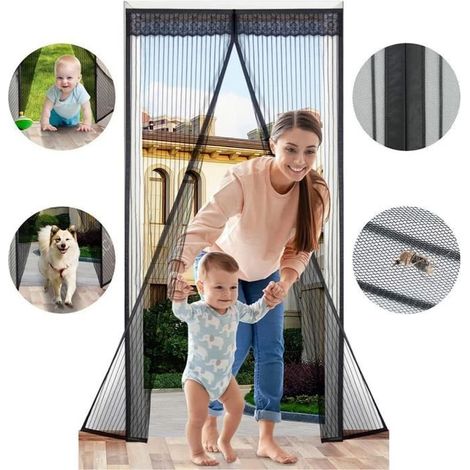 Mosquitera magnética, contra insectos y moscas, apta para puertas interiores y de patio, cortina corredera, negra, 100 x 210 cm (1/4)