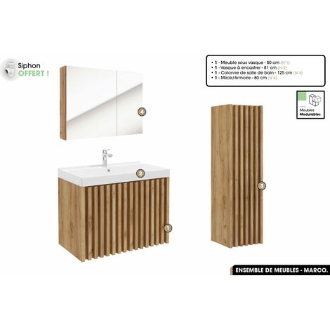 Ensemble complet de salle de bain - Meuble - Colonne - Miroir - Vasque à encastrer avec Siphon OFFERT MARCO Oak 80 x 56 x 45 cm (1/4)
