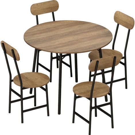 Set Pranzo 5 Pezzi Tavolo Ø100x77 cm e 4 Sedie 42x52x88 cm con Gambe Metallo Color Legno (1/5)