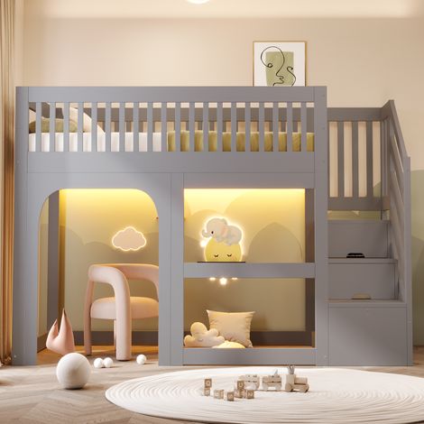 Lit mezzanine enfant 90x200 cm gris avec porte et fenêtre, échelle intégrée, rangements ouverts sous le couchage, éclairage LED, barrière de protection et sommier à lattes inclus. (1/5)