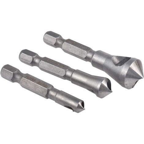 Ensemble d'outils de fraisage et d'ébavurage,3 pièces ensembles d'outils de poinçonnage central à 90 degrés pour mèches à bois en métal à chanfrein de fraisage avec tige hexagonale de 1/4pouce (1/5)