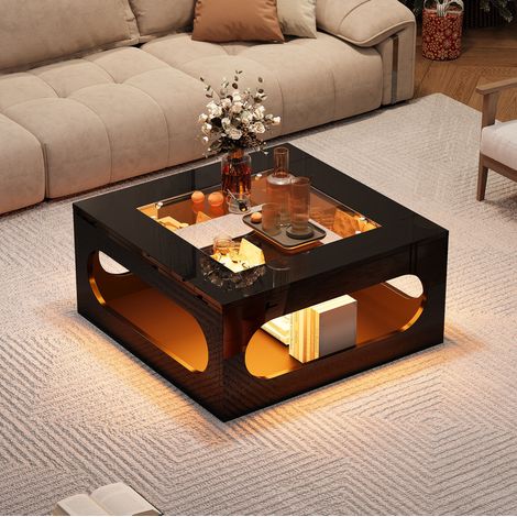 Table basse carrée 70x70x35 cm en MDF et verre trempé noir, avec rangement pour salon FloraGrace (1/5)