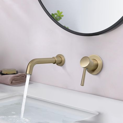 Robinet de Lavabo Mural en laiton, Mitigeur encastré de lavabo avec rotation à 360, Doré (1/5)