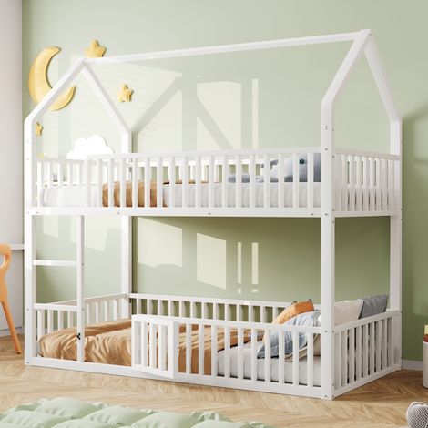 Lit Superposé Enfant 90x200 cm en Métal, Lit Simple Design Maison avec Escalier, Barrières de Sécurité et Lit Inférieur avec Petite Porte – Blanc (1/5)