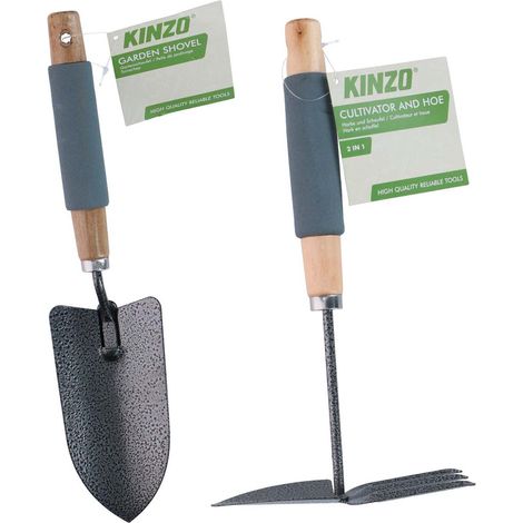 KINZO Kit Outils Jardin 2pcs - Pelle Transplantoir + Serfouette 2en1 - Manche Bois & Mousse - Set Plantation & Désherbage (1/3)