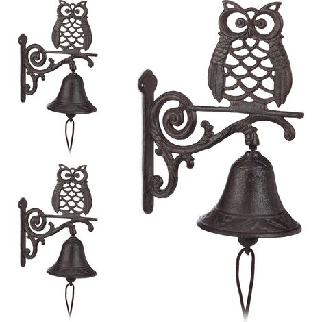Set of 3 Relaxdays Cast Iron Door Bell Owl, Antique, Country House Style, Weatherproof Garden Decoration, Dark Brown