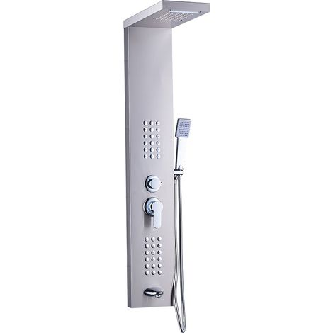 Saniverre – Colonne de douche hydromassante 4 jets – Corps en acier inoxydable – Douchette à main 22 cm – Buses en silicone anti-calcaire