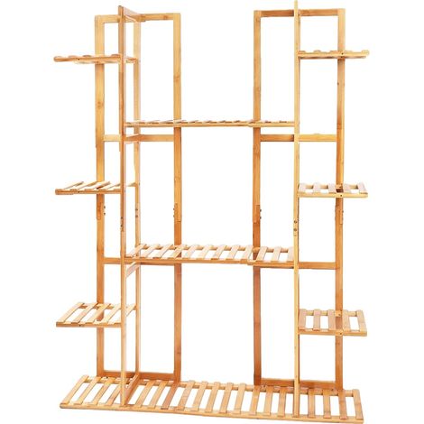 Soporte para plantas, diseño de bambú de 9 niveles, estante esquinero que ahorra espacio, madera. (1/2)