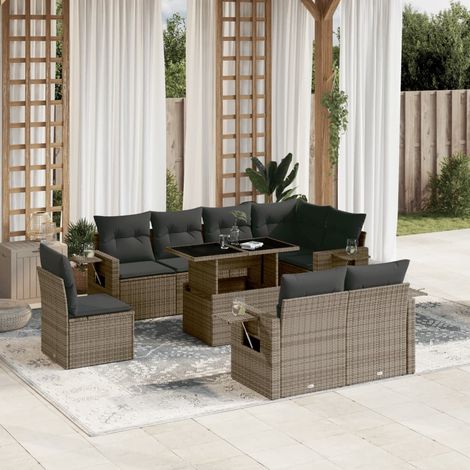 vidaXL Salon de jardin 9 pcs avec coussins gris résine tressée (1/5)