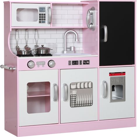 Cuisine miniature rose avec casseroles, tableau noir, téléphone, sorbetière, cuisinière 83,8 x 26,8 x 81 cm