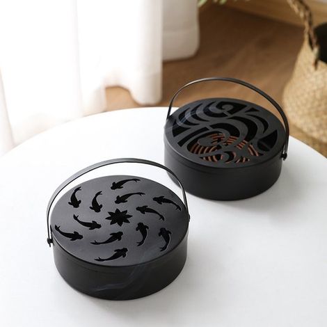 Juego de 2 porta inciensos en espiral de metal negro con diseño de carpas koi y olas,Porta inciensos decorativos ignífugos con asa (1/4)