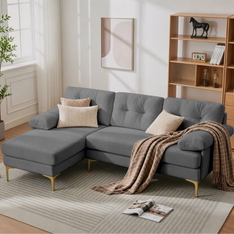 Canapé d’angle 3 places 187,5x130 cm avec méridienne réversible, pieds métal, chenille - gris