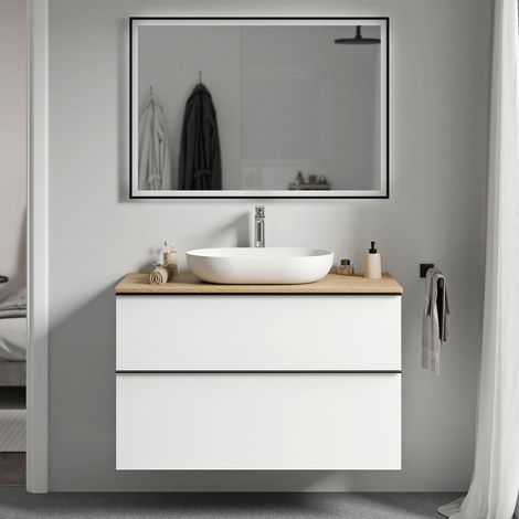 BERNSTEIN - Mueble lavabo suspendido MDF blanco mate, encimera de roble miel, tirador negro mate 100x46x62cm - LAVOA blanco mate, Negro mate, Roble miel oro
