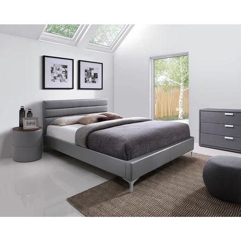 Bettset THOMAS 160x200 mit Lattenrost + 2 runde Nachttische – Grau und Holz