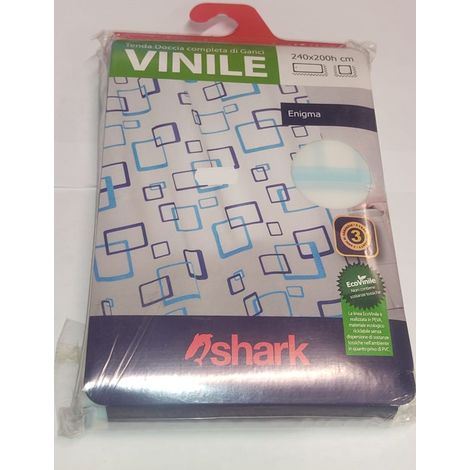 SHARK - TENDA DA DOCCIA COMPLETA DI GANCI IN VINILE LINEA ENIGMA 240x200h cm - COLORE BIANCO CON DECORAZIONI BLU
