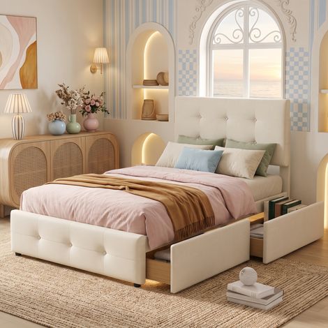 Lit simple 90x190 cm velours beige avec 2 tiroirs, tête de lit réglable et sommier à lattes, Lit rembourré scandinave (1/5)