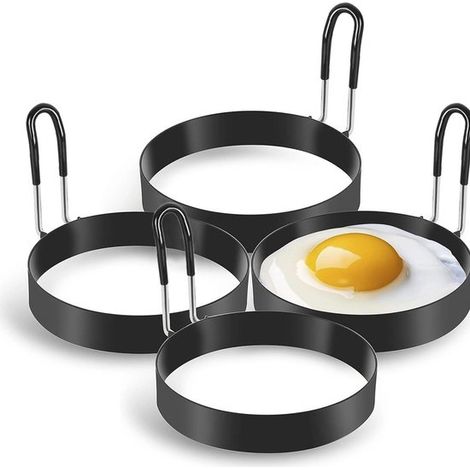 Anneaux à œufs - 4 pièces - Anneaux de cuisson antiadhésifs - Acier inoxydable - Anneaux de cuisson ronds - Ensemble de moules à crêpes - Crêpière - Poignée pliable - Cuisson - Pâtisserie - Moule à œu (1/5)