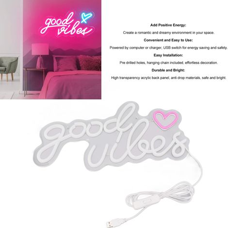 Enseigne lumineuse LED en acrylique « Good Vibes » avec alimentation USB, décor mural pour bar ou soirée (1/5)