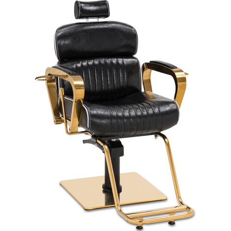 Barberpub Friseurstuhl mit Kopfstütze, Friseursessel Höhenverstellbar Kippbar für Herren Damen, Friseureinrichtung Bedienungsstuhl Vintage Retro, Kunstleder, 3078 (Schwarz-Gold)